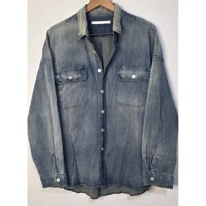 New GOLDEN DENIM Button Up Long Sleeve Chambray Distressed Grunge Men XL Casual